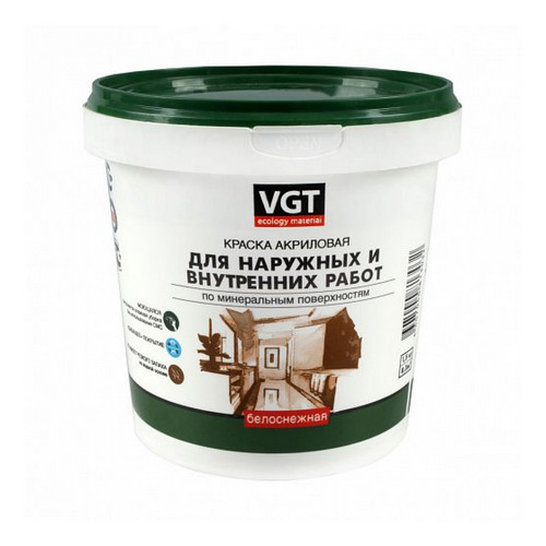 Купить Краска для наружних и внутренних работ моющаяся белоснежная ВД-АК-1180 1,5 кг VGT