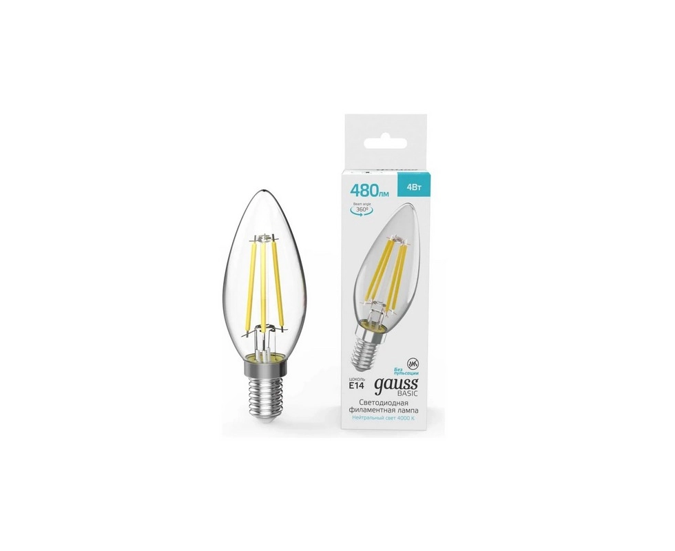 Купить Лампа Gauss Basic Filament Свеча 4W 480lm 4000K E14 LED 1/10/50                                    