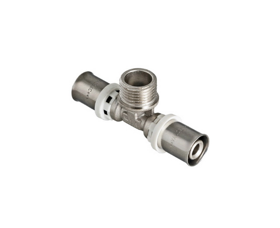 Купить Тройник пресс с переходом на наружную резьбу 20 x 1/2'' x 20 мм Valtec                                Купить Тройник пресс с переходом на наружную резьбу 20 x 1/2'' x 20 мм Valtec
