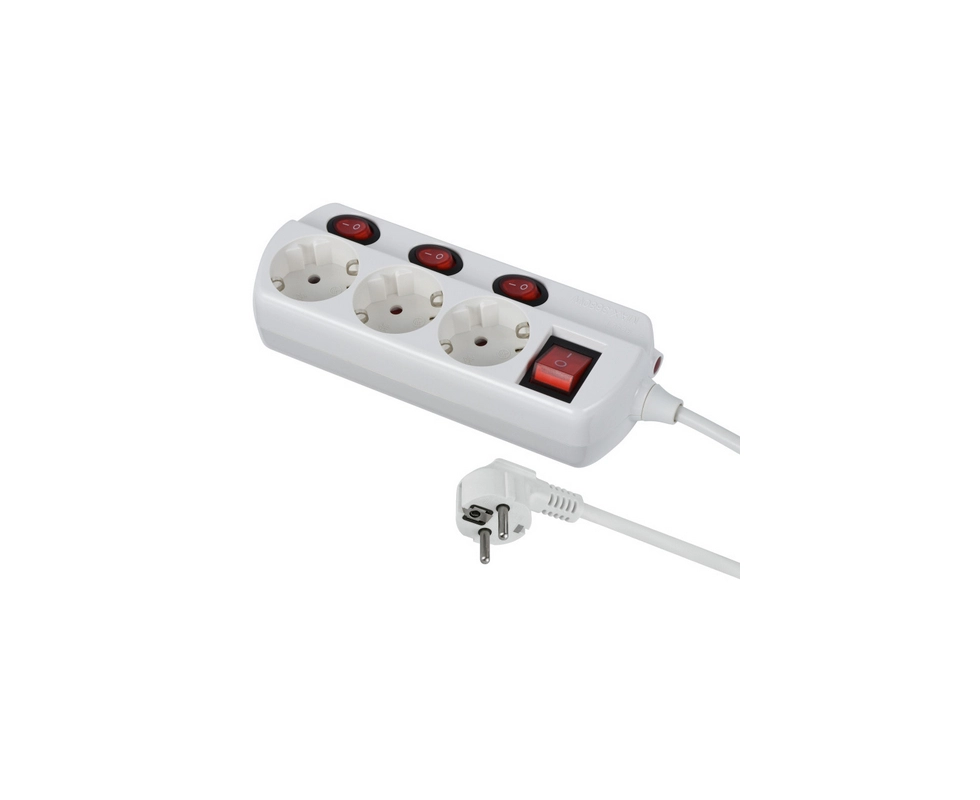 Купить Удлинитель 3Р кабель ПВС 3х1,0мм2 1,5м 16А  с выключателем на каждой розетке белый Electraline      