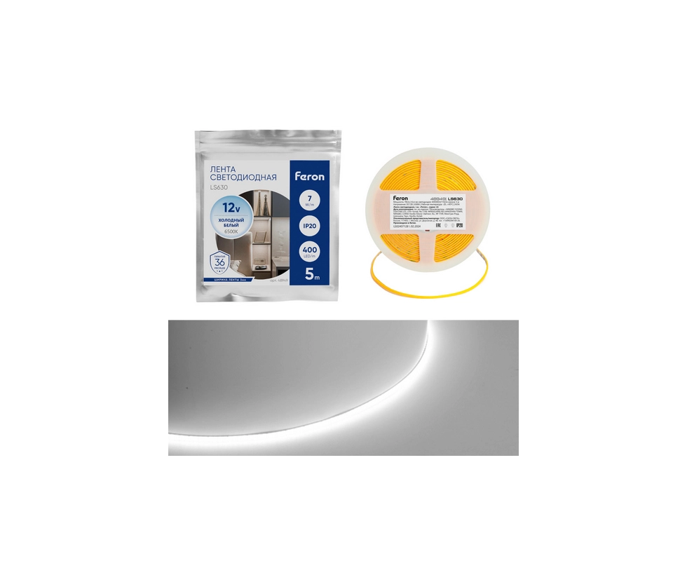 Купить 48949, Лента светодиодная 400SMD(2110) /7Вт/м 12V 5000*3*1.8мм 6500К, IP20,LS630 FERON,48949        