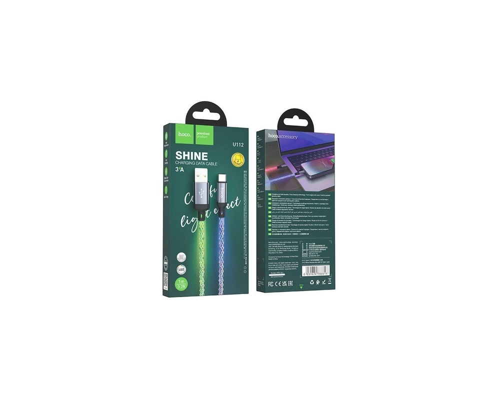 Купить USB кабель HOCO U112 Shine Type-C-Lightning 1 м 20W 3А ПВХ с подсветкой серый                       