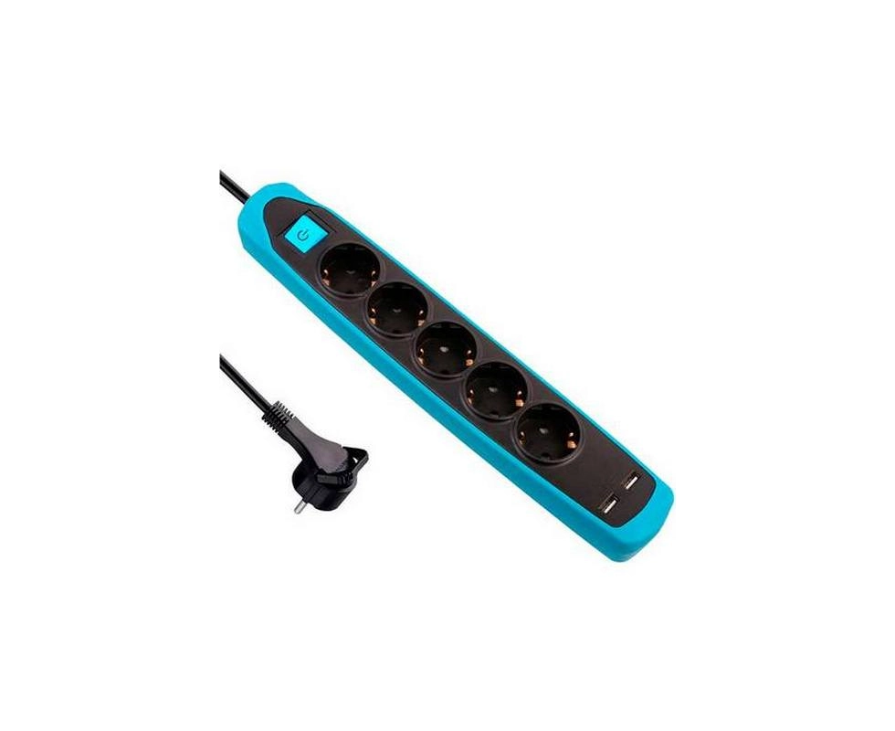 Купить Удлинитель 3Р кабель ПВС 3G1.0 мм 2м с двумя USB разъемами черный/голубой                           