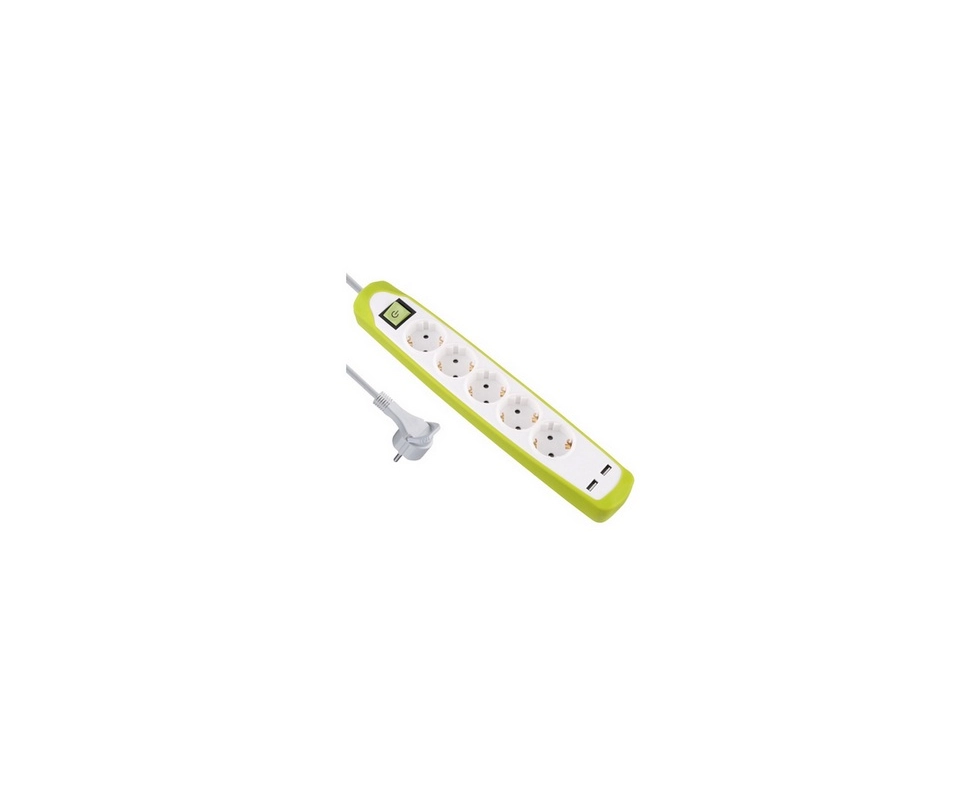 Купить Удлинитель 5Р  кабель ПВС 3х1 мм² 2м с двумя USB разъемами  белый/зеленый 62161                 