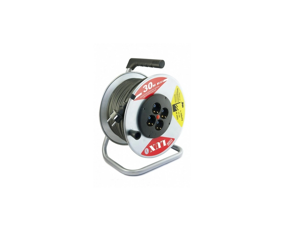 Купить Удлинитель силовой на металлической катушке LUX К4-Е-30 КГ 3х1,5 30м 16А, 4 встр. розетки 44130