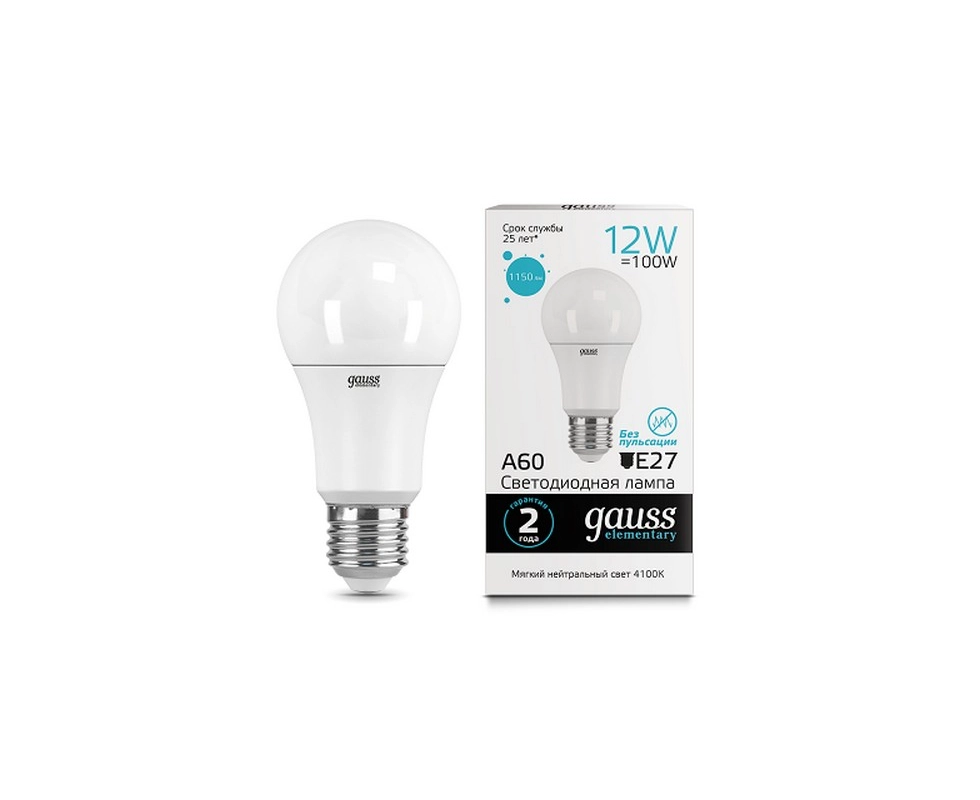 Купить Лампа светодиодная груша 12Вт 4100К LED А60 E27 12W 4100K Gauss 23222                               