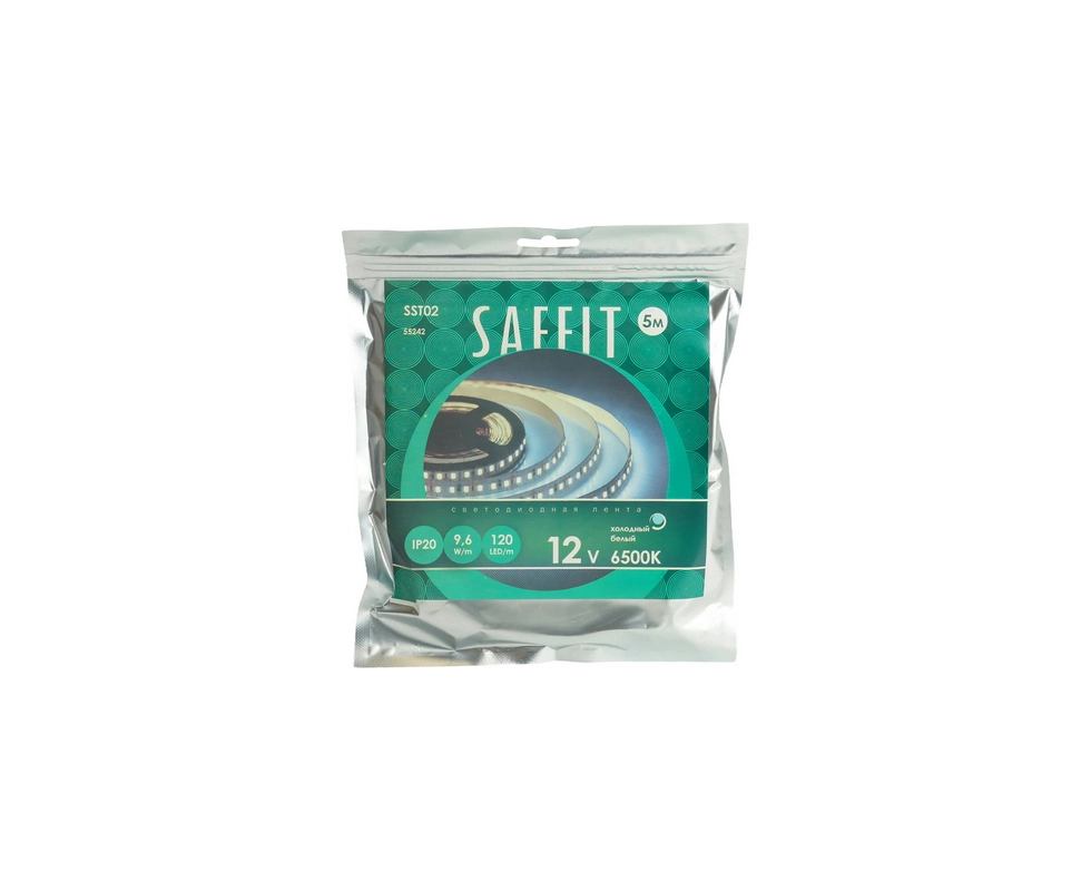 Купить Лента светодиодная SST02 SAFFIT 120SMD(2835)/м 9.6Вт/м 12V 5000*8*1.22мм 6500К IP20 55242           