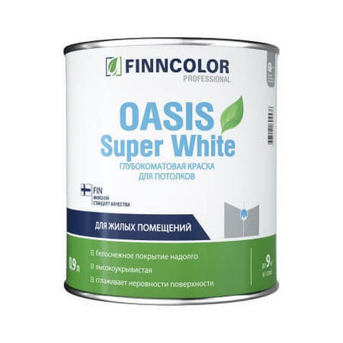 Купить Краска для потолков матовая Оазис Super White глубокоматовая 0.9л Finncolor