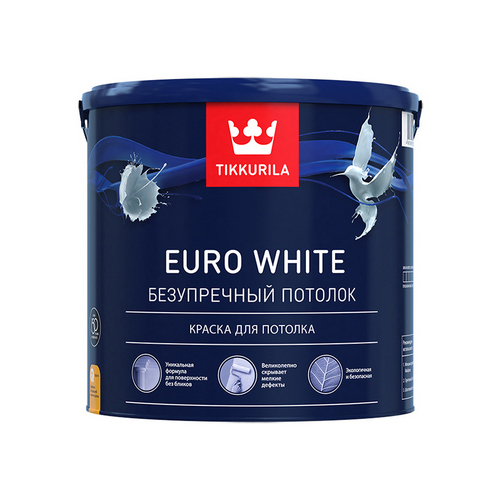 Купить Краска акриловая для потолков White белая глубоко матовая 2,7л Tikkurila Euro                       