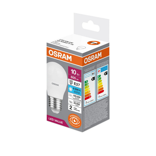 Купить Лампа светодиодная шар 10Вт 6500К Е27 800Лм OSRAM                                                   