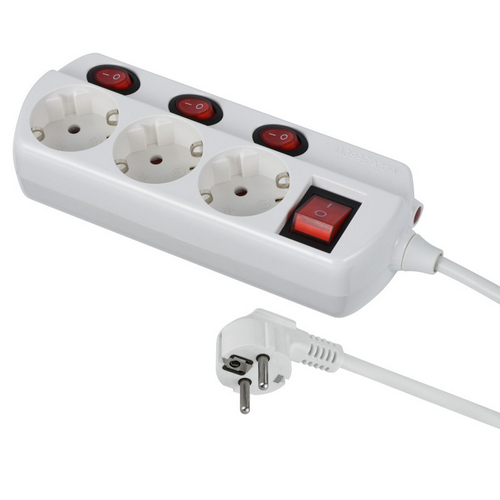 Купить Удлинитель 3Р кабель ПВС 3х1,0мм2 1,5м 16А  с выключателем на каждой розетке белый Electraline      