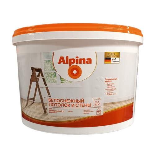Купить Краска водно дисперсионная акриловая Alpina Белоснежный потолок и стены, белая 2,5л/3,75 кг         