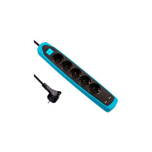 Купить Удлинитель 5Р кабель ПВС 3х1.0мм² 2м  с двумя USB разъемами черный/голубой 62157