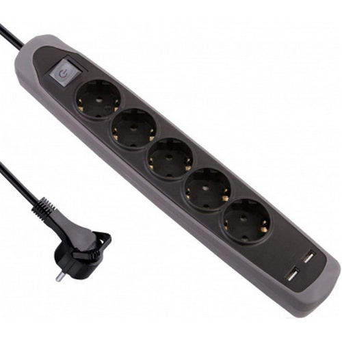 Купить Удлинитель 3Р кабель ПВС 3G1.0мм 2м  с двумя USB разъемами черный/серый