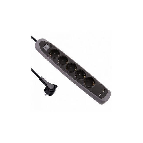 Купить Удлинитель 5Р кабель ПВС 3х1.0мм² 2м с двумя USB разъемами черный/серый 62156