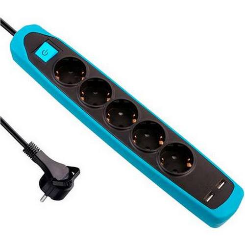Купить Удлинитель 3Р кабель ПВС 3G1.0мм 2м с двумя USB разъемами черный/голубой